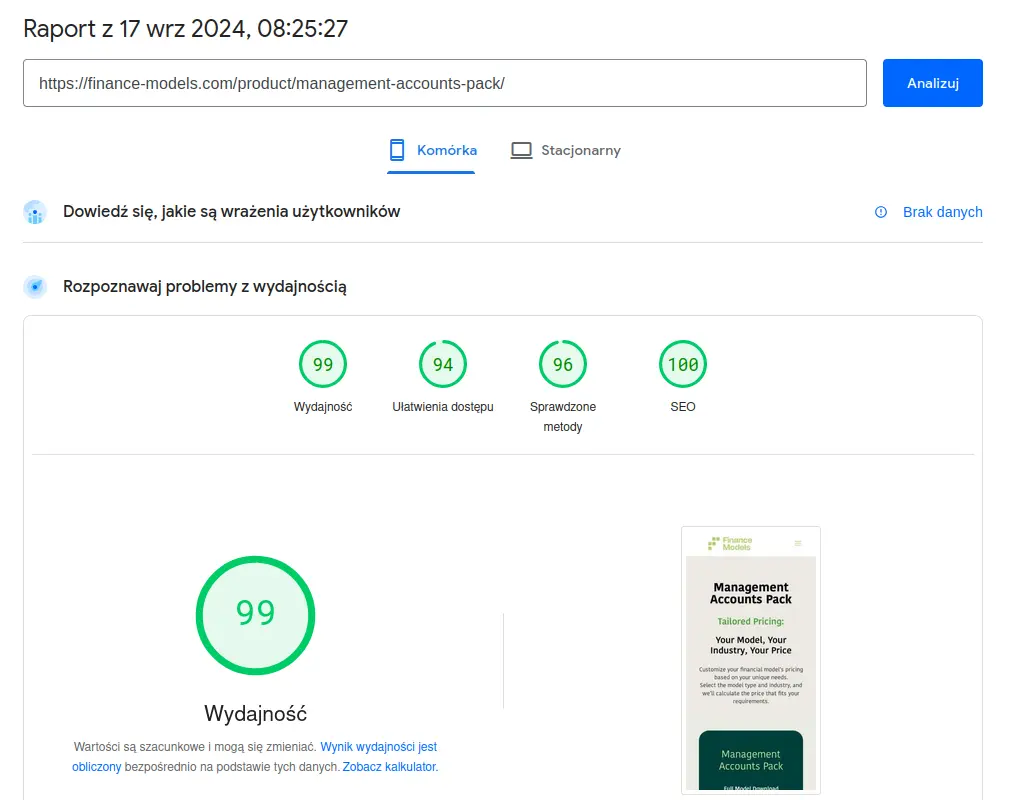 Test strony jednego z moich klientów Pagespeed i WordPress